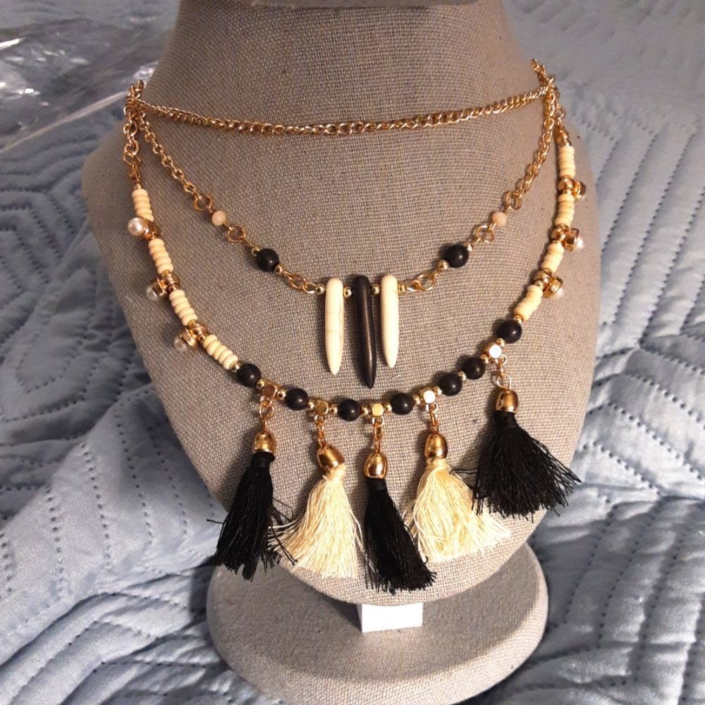 T&J DESlGNS Statement Necklace 3-Tiered Bohemian Tassels 20" - 22"